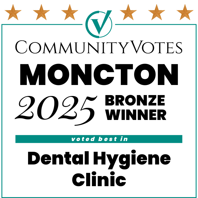 CommunityVotes Moncton 2025 Bronze Winner badge — Bright White Dental Hygiene Clinic voted best dental hygiene clinic in Riverview, Moncton and Dieppe, New Brunswick.