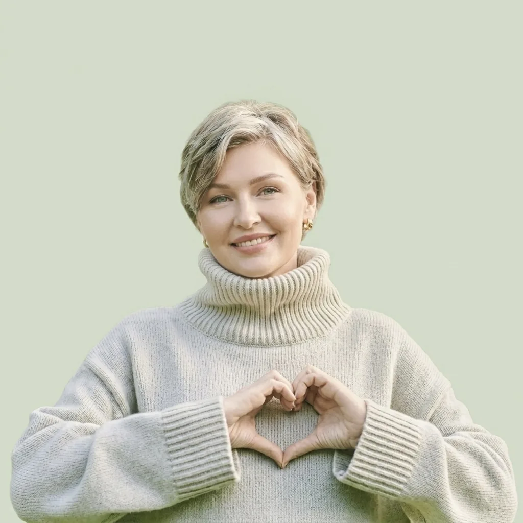 Smiling woman making a heart shape with her hands after an oral cancer screening at Bright White Dental Hygiene Clinic in Riverview NB