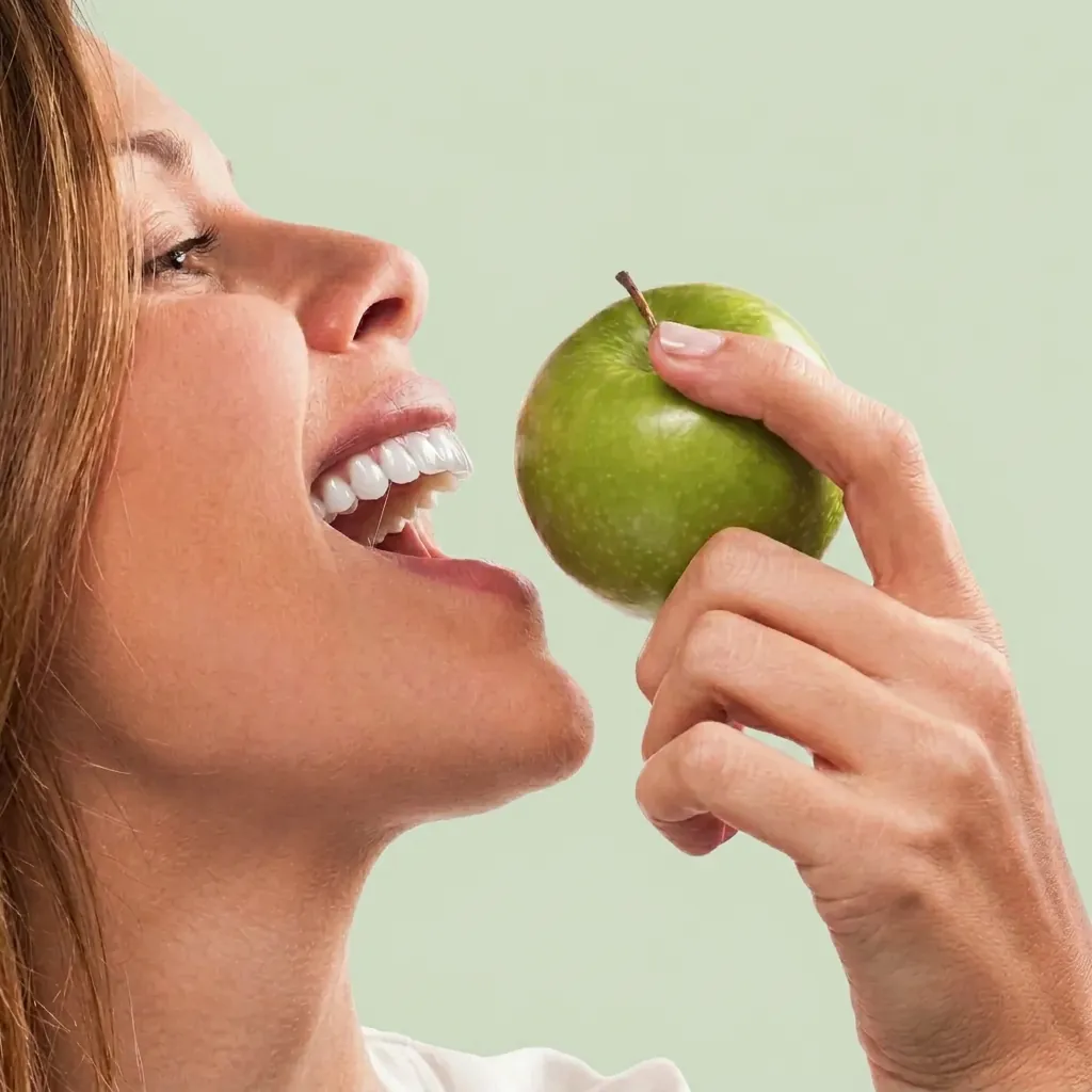 Woman in Riverview NB biting into a crisp green apple with strong, cavity-free teeth — cavity prevention care at Bright White Dental Hygiene