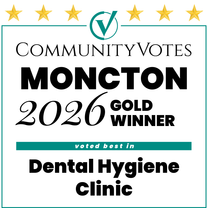 CommunityVotes Moncton 2026 Gold Winner badge — Bright White Dental Hygiene Clinic voted best dental hygiene clinic in Riverview, Moncton and Dieppe, New Brunswick.