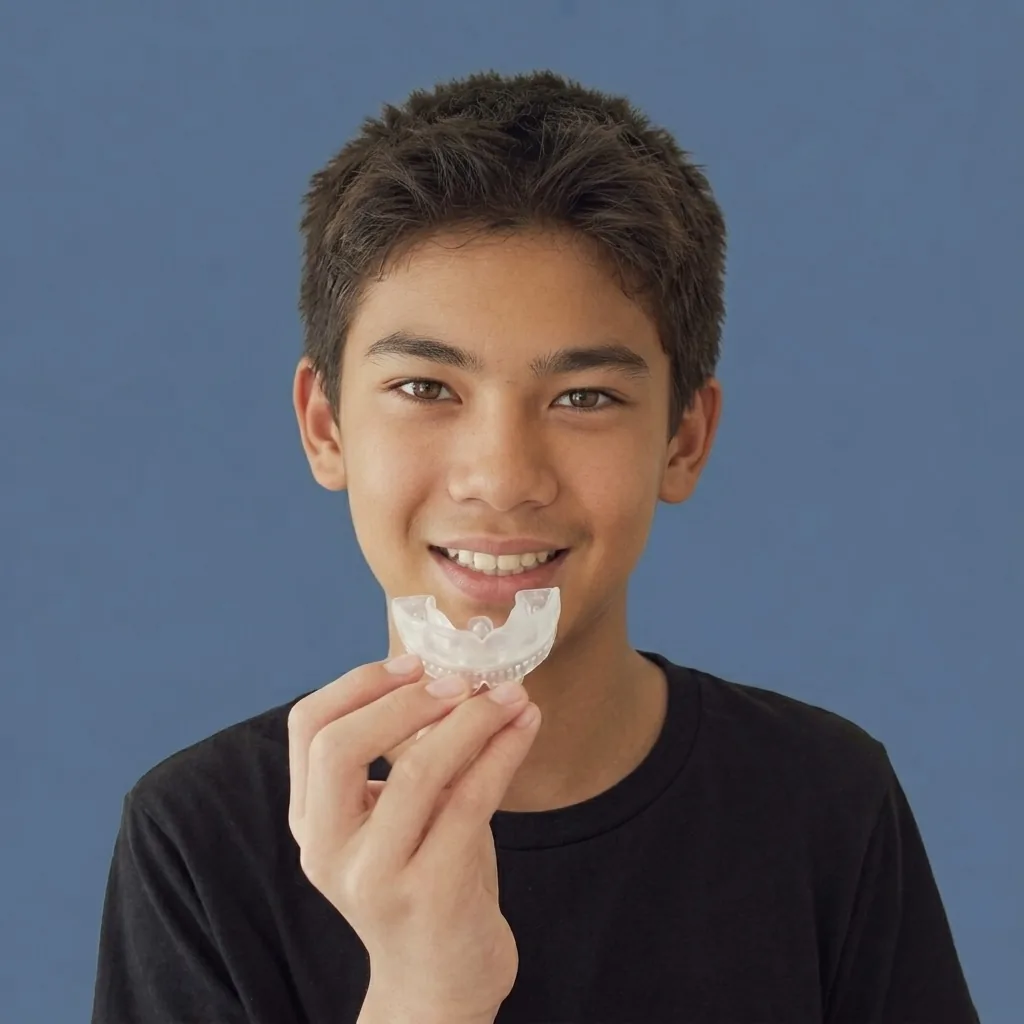 Smiling teen holding a custom-fit mouth guard from Bright White Dental Hygiene Clinic in Riverview NB
