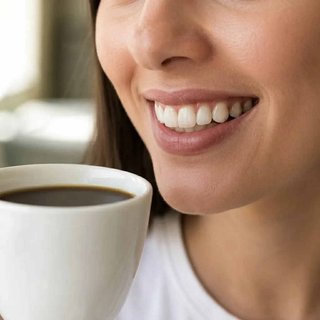 Woman in Riverview NB smiling with bright white teeth while holding a cup of coffee — professional teeth whitening removes coffee stains at Bright White Dental Hygiene