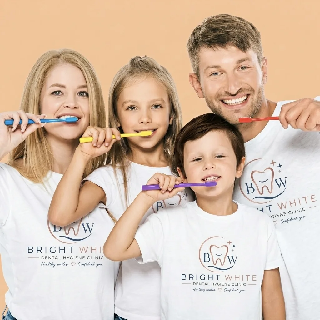 Smiling family of four brushing teeth together — at-home oral hygiene education from Bright White Dental Hygiene Clinic in Riverview NB